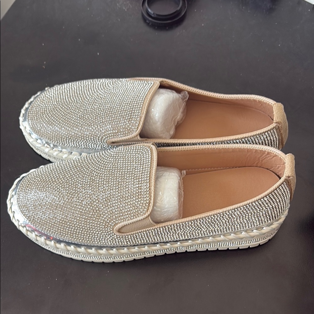 Target Rhinestone Embellished Slip-On Mules in Silver and Beige